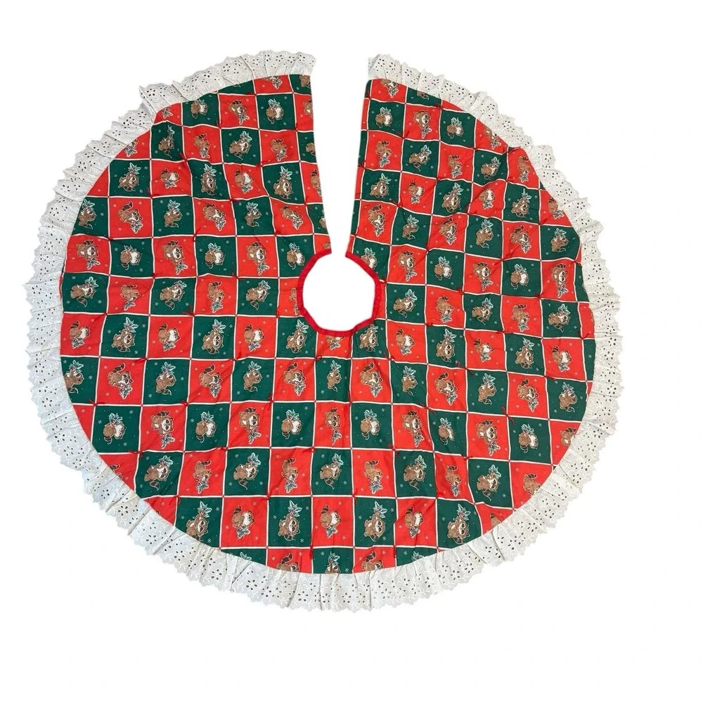 Vintage Christmas Tree Skirt Quilted Round Ruffle Reversible Country Patchwork